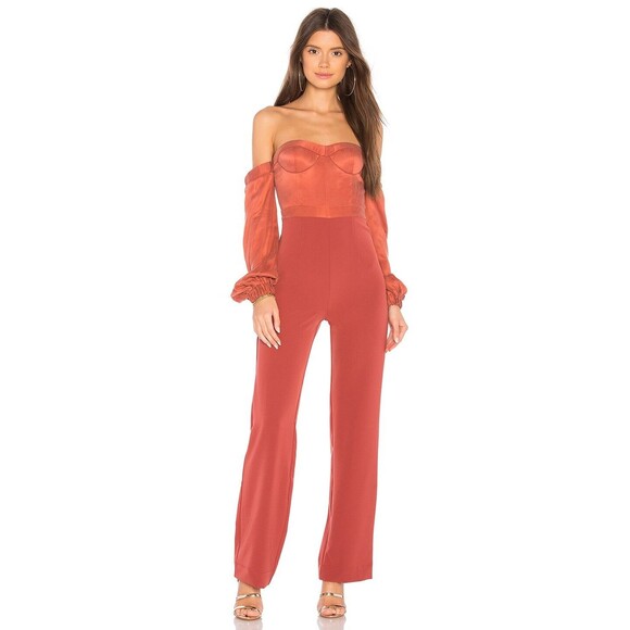 NBD Revolve Lily Jumpsuit Rust Orange Off the shoulder cocktail satin - Picture 1 of 7